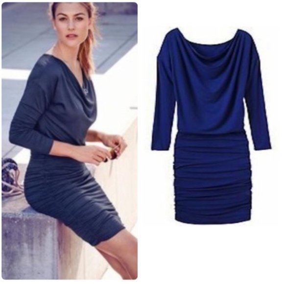 Athleta Dresses & Skirts - Athleta Solstice Navy Cowl Neck Wool Blend Ruched Dress